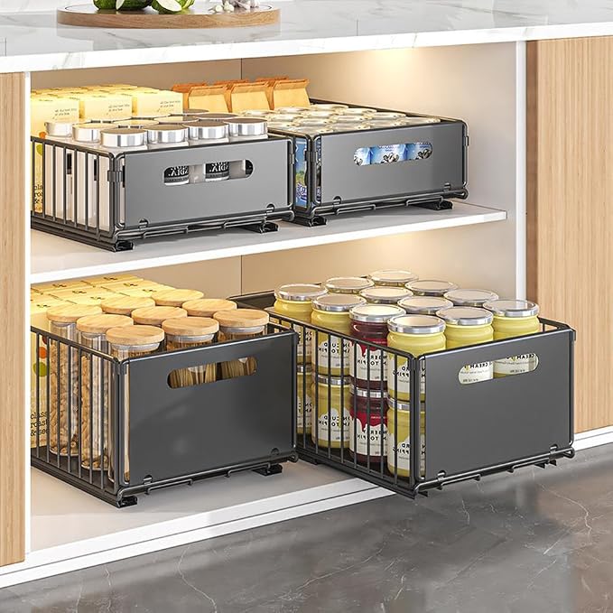 Pull Out Cabinet Organizer Fixed, Pull Out Drawers for Cabinets in Kitchen, Pantry or Bathroom, No Drill Roll Out Shelves Adhesive