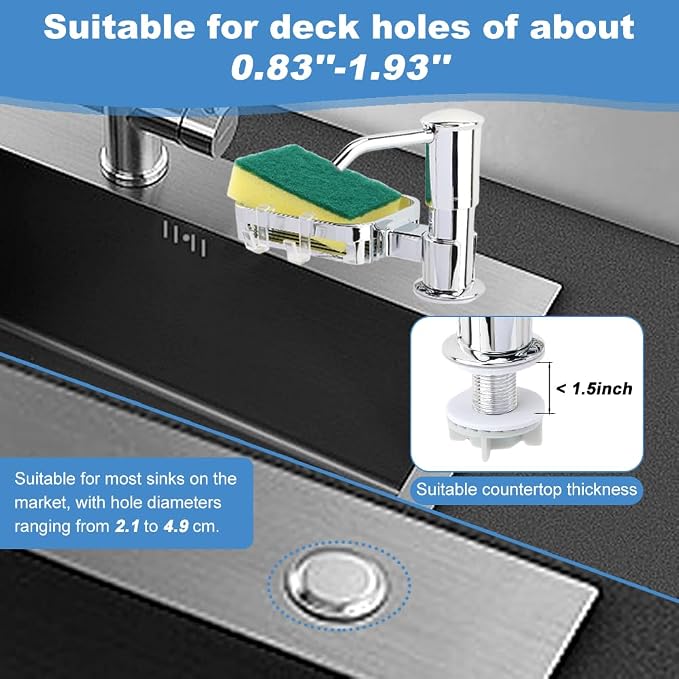 Soap Dispenser Pump for Kitchen Sink with Sponge Rack,Under Counter Sink Soap Dispenser Pump with 39" Extension Tube Kit,Fit for Kitchen Bathroom in Counter(Silver)