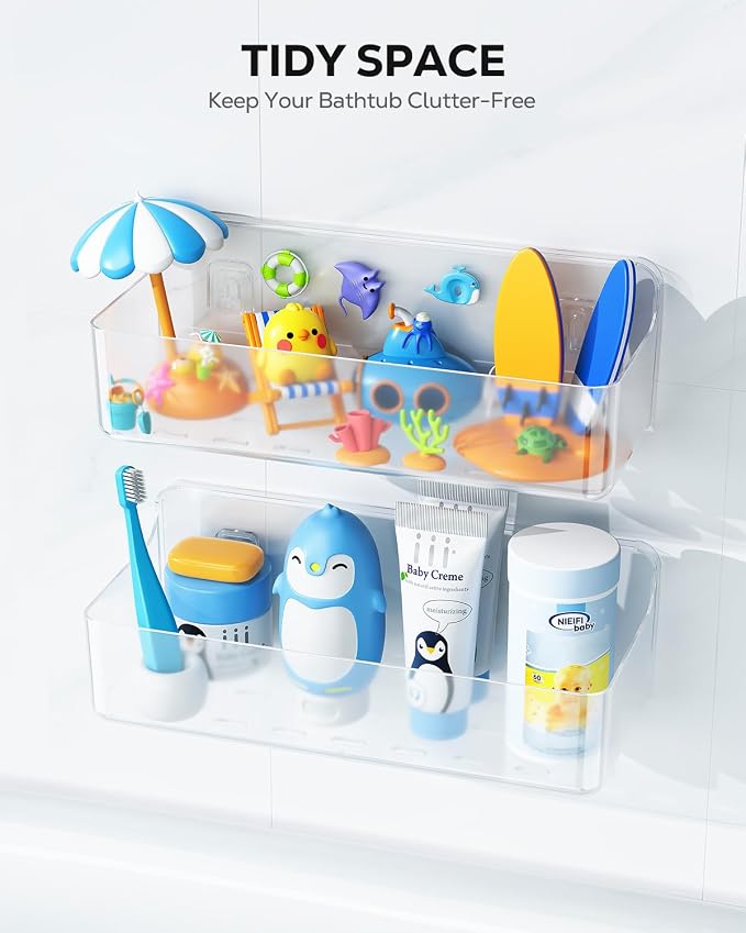 Nieifi Bath Toy Storage, Large Capacity Bath Toy Organizer, Adhesive Shower Caddy for Baby Bathroom Bathtub, Clear (2 Large)