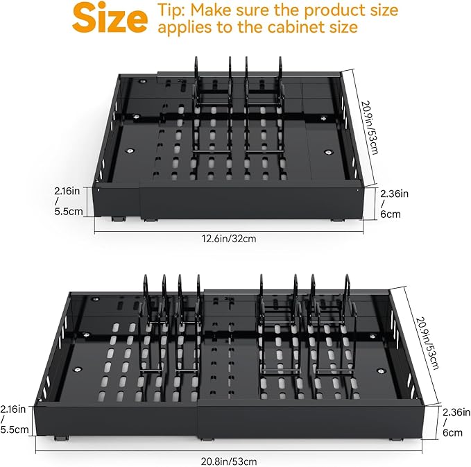 2 Pack Expandable Pull Out Cabinet Organizer Adhesive, 21" Deep Slide Out Drawers for Kitchen Cabinets,With 8pcs Divider Racks For Kitchen Pantry Organization Adjustable Width 12.6"-20.9"