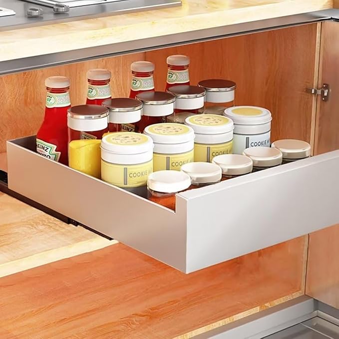 Pull Out Cabinet Slide Out Kitchen Storage Shelf No Drill Pullout Drawers Kitchen Cupboard Space Saving Pull Out Shelves for Home Living Room & Pantry，White 35cm