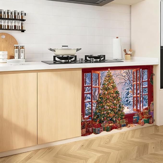 Self Adhesive Open Window View Cabinet Curtain for Mother's Day, 39x28 Inch Festive Tree Under Sink Skirt No Drill, Spring Cleaning Kitchen Decor, Hook and Loop Laundry Valance