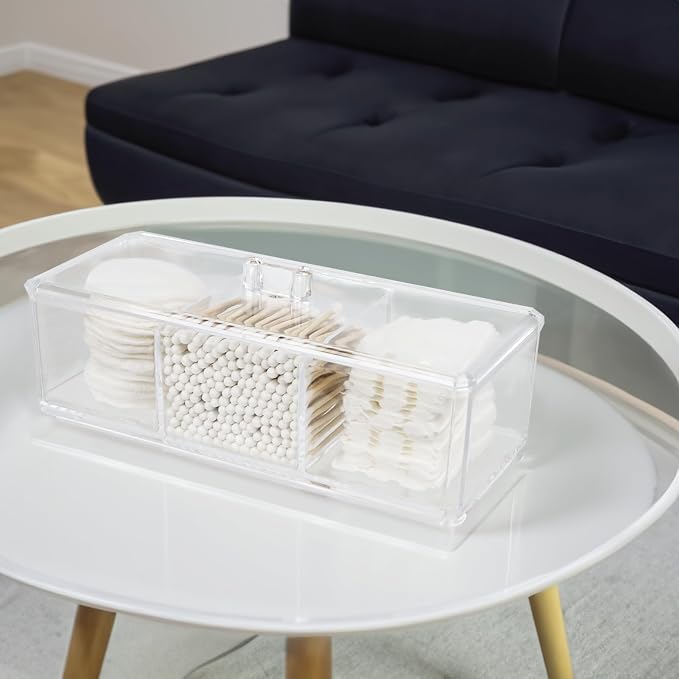 ZEXALOR Clear Bathroom Dresser Organizer - Cotton Ball Swab Holder with 3 Divided Compartments&Lid, , Waterproof Transparent Small Plastic Storage Containers, Vanity Makeup Organization