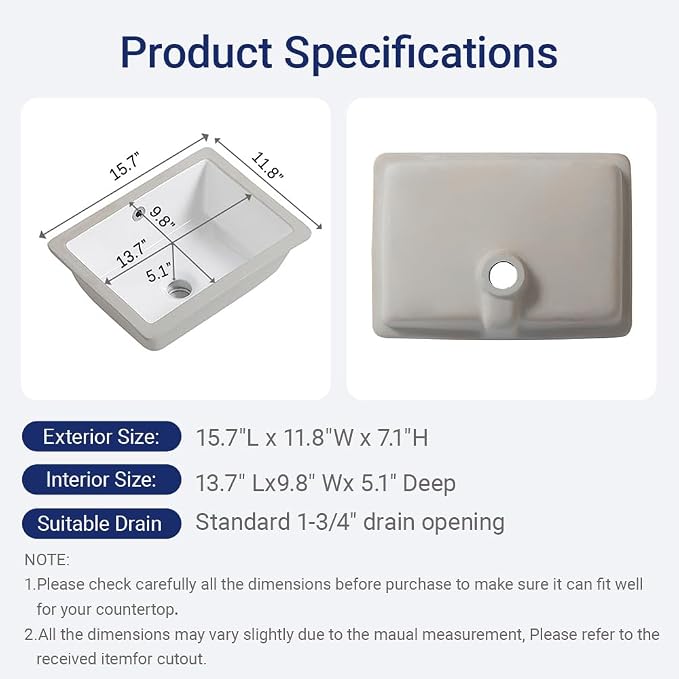 16in Undermount Bathroom Sink Rectangular, 15.7" x11.8" Small Vessel Sink Rectrangle Undermount Bathroom Sink White Ceramic Lavatory Vanity Vessel Sink with Overflow