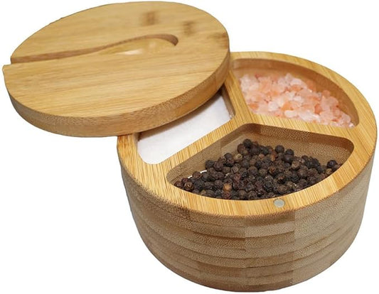 Bamboo Salt and Pepper Box, 3 Compartment Salt and Pepper Cellar With Lid and Spoon,Spice Condiment Container for Kitchen Countertop