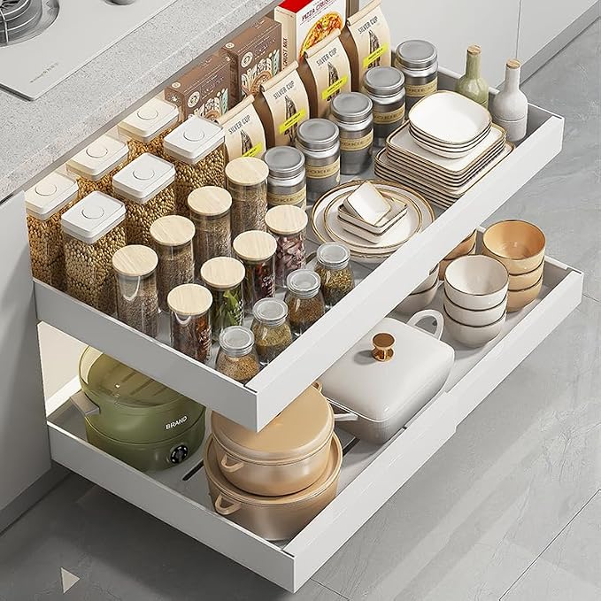 Pull Out Cabinet Organizer 16.54 inch Deep,Expandable Pull out Drawers for Cabinets Adhesive with Film, No Drill Slide Out Drawers for Kitchen Cabinets (Large-Black)