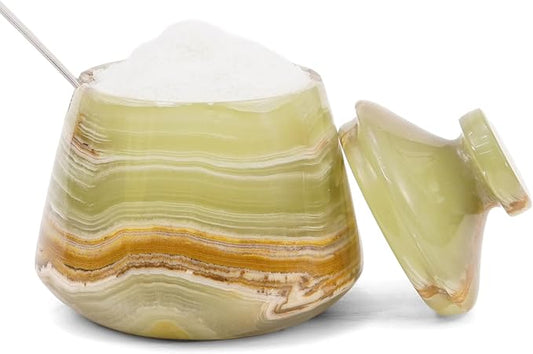 Marble Salt Cellar with Lid Green 3 Inches Salt Box Spice Storage Container Seasoning Jar with Spoon, Modern Salt Keeper for Kitchen Countertop, 3 OZ Capacity