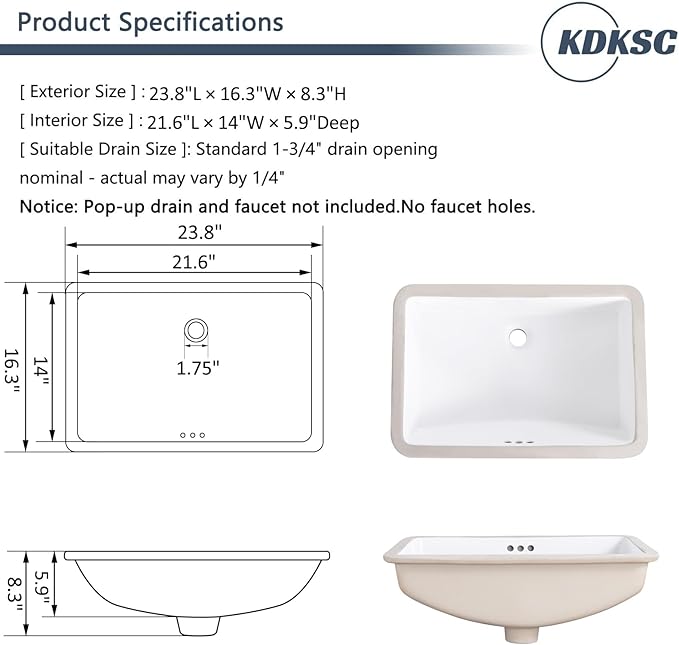 24 Inch Undermount Bathroom Sink White Ceramic Rectangular Under Counter Bathroom Sink for Cabinet Porcelain Vanity Sinks,Overflow Type (23.8"x16.3")