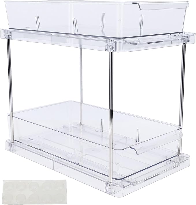 Pull Out Cabinet Organizer Drawers, 2 Tier Vertical Sliding Kitchen Rack with Clear Storage Bins for Seasonings, Easy Install No Drill Adhesive Under Counter Bathro