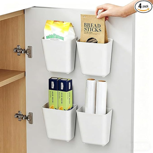 4 Pack Cabinet Door Organizer, Self Adhesive Wall Mount Storage Bins, No Drilling Food Grade ABS plastic for Kitchen, Bathroom, Refrigerator, Wardrobe, Under Sink, Desktop Sundries