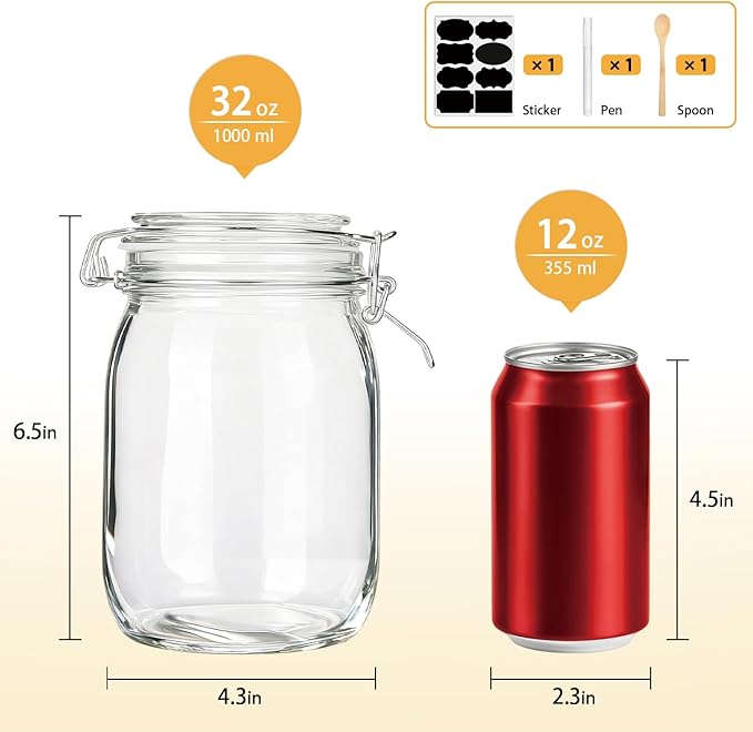 Flrolove Glass Kitchen Storage Canister Mason Jars with Lids,32oz Airtight Glass Canister with Hinged Lid，Perfect for Kitchen Canning Cereal,Pasta,Sugar,Beans (Labels & Chalk Marker)-Set of 4