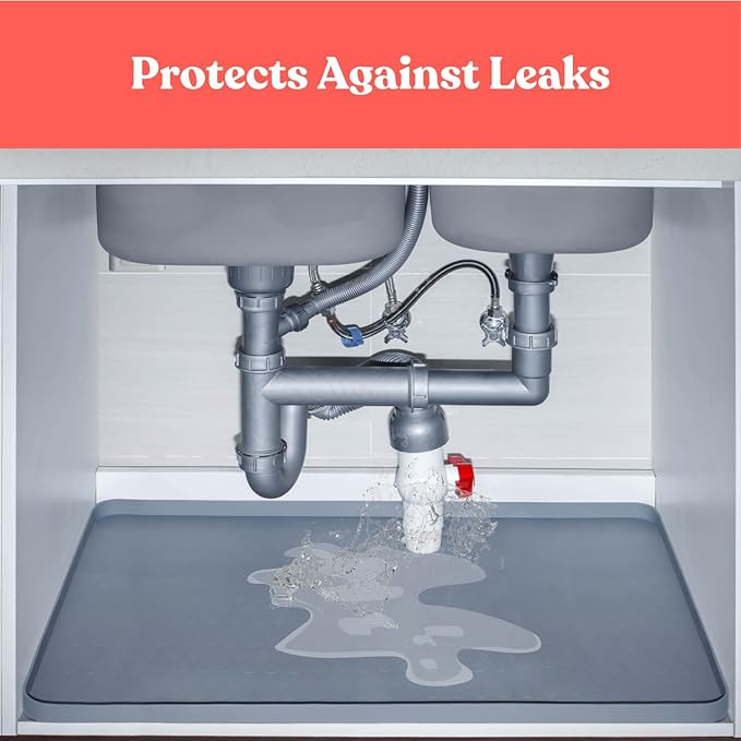 3 in 1 SET: Under Sink Mat with Cutout for Pipes - Cut to Size Under Sink Mat 34x22'' - Cut to Fit Sink Mats - Waterproof Under Kitchen Sink Mats and Protectors - Under Sink Silicone Mat