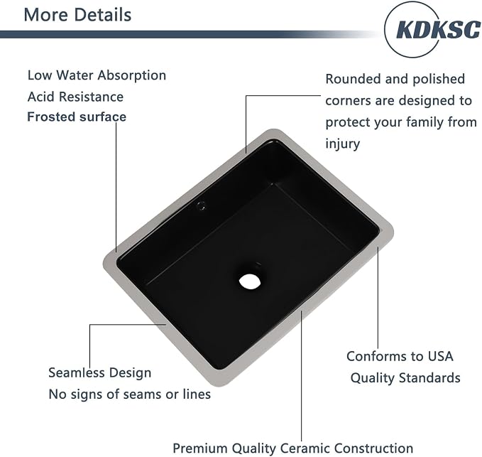 18 Inch Undermount Bathroom Sink Matte Black Rectangular Porcelain Ceramic Vanity Basin with Overflow (18.5"x14.0") KDKSC
