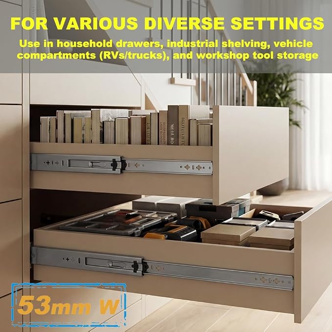 Heavy Duty 28" Drawer Slides, Full Extension Ball Bearing, 300LB | 53MM Width, 3-Fold Design, Side Mount, Smooth & Quiet Operation, for Cabinets, Drawers, Workbenches
