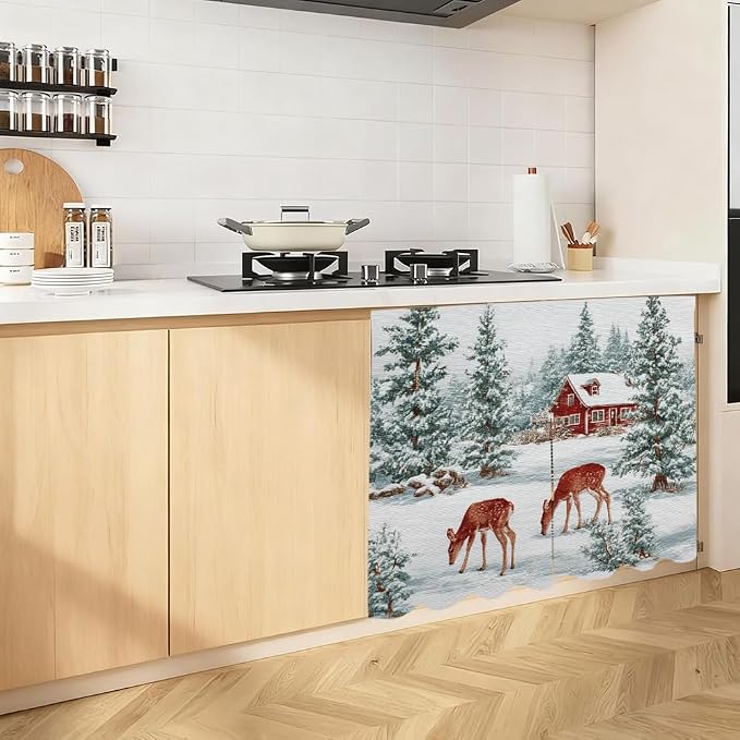 Self Adhesive Forest Deer & Red Cabin Cabinet Curtain for Mother's Day, 39x28 Inch Nature Scenery Under Sink Skirt No Drill, Spring Cleaning Kitchen Decor, Hook and Loop Laundry Valance