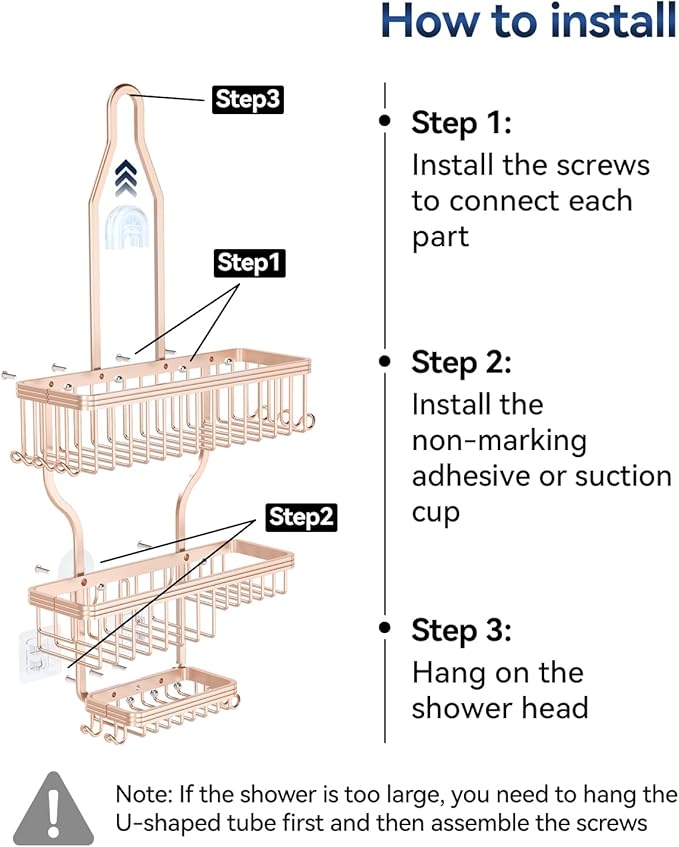 YASONIC Never Rust Shower Caddy Hanging, Aluminum Shower Racks for Inside Shower, 3-Tier Shower Organizer Hanging Over Shower Head with Hooks and Soap Holder, Rose Gold