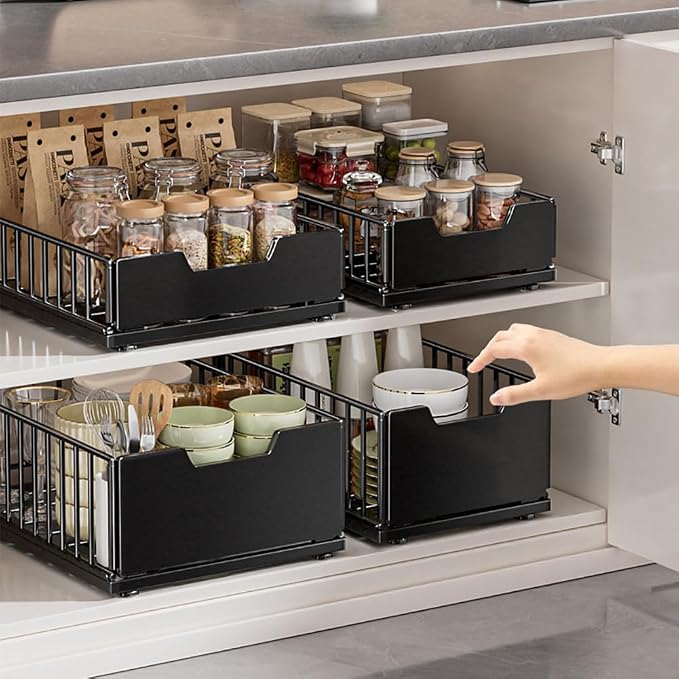 IDEALHOUSE Pull Out Cabinet Organizer, No Drill Slide Out Drawers Pull Out Home Organizers, Metal Pantry Pull Out Shelves for Kitchen Cabinets,Height 4.3 inches