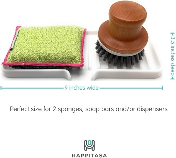 Silicone Soap Dish Tray and Sponge Holder with Drain Chute, Rectangular, Kitchen and Bathroom Sink Organizer (Dark Chocolate, 9"x3.5")
