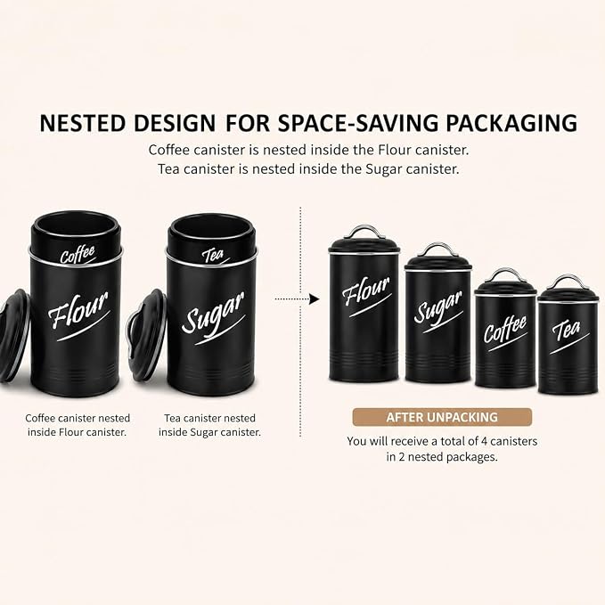 Hillbond Kitchen Canister Set of 4, Airtight Stainless Steel Food Storage Containers with Lids, Flour Sugar Coffee Tea Canisters for Countertop, Metal Kitchen Storage Jars, Black