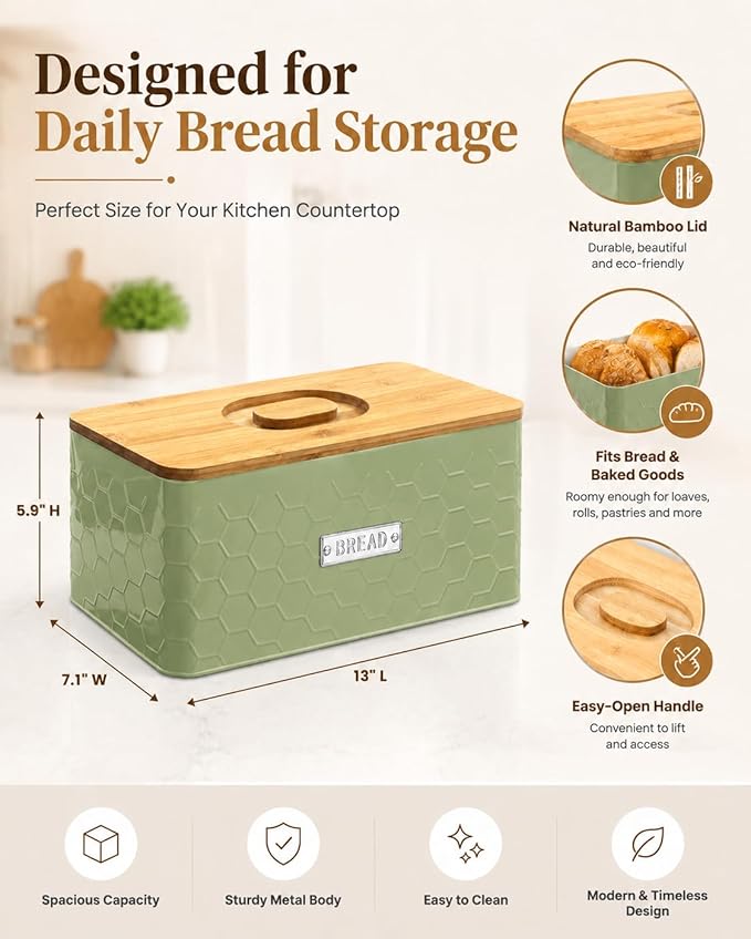 vensovo Bread Box for Countertop – Large Green Metal Bread Bin with Bamboo Cutting Board Lid, Farmhouse Bread Storage Container for Homemade Bread, Baked Goods & Kitchen Counter Organization