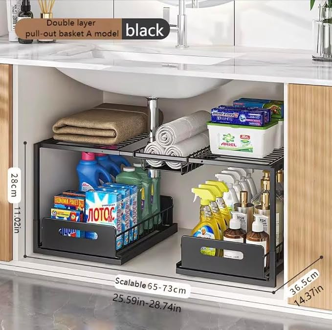 2-Tier Under Sink Slide-Out Storage Organizer, Metal Pull-Out Cabinet Drawer for Kitchen & Bathroom (Black)