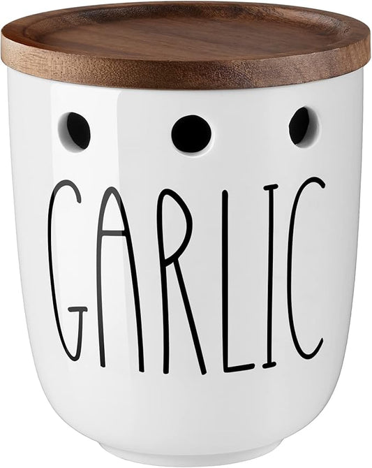DAYYET Garlic Keeper for Counter, Ceramic Garlic Keeper with Acacia Wood Lid, Garlic Holder Storage Container to Keep Your Garlic Cloves Fresh Longer, Garlic Saver for Kitchen, White