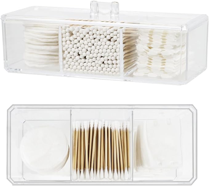 ZEXALOR Clear Bathroom Dresser Organizer - Cotton Ball Swab Holder with 3 Divided Compartments&Lid, , Waterproof Transparent Small Plastic Storage Containers, Vanity Makeup Organization