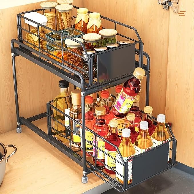 Under Sink Kitchen Storage Organizer, 2 Tier Sliding Cabinet Basket with Pull-Out Drawer, foldable Metal Under Sink Organizers for Bathroom, Pantry, Countertop, Rustproof Multi-Purpose Storage Bins