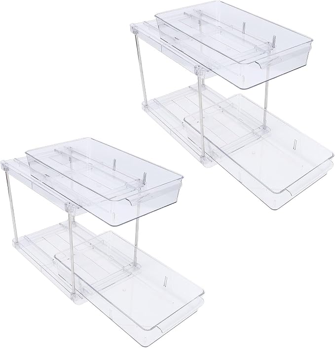 FILFEEL 2 Tier Vertical Pull Out Cabinet – Clear PET Slide Out Seasoning Rack for Kitchen Cabinets, Bathroom Vanity & Under Counter Storage – No Drill Installation, Full Extension Tracks