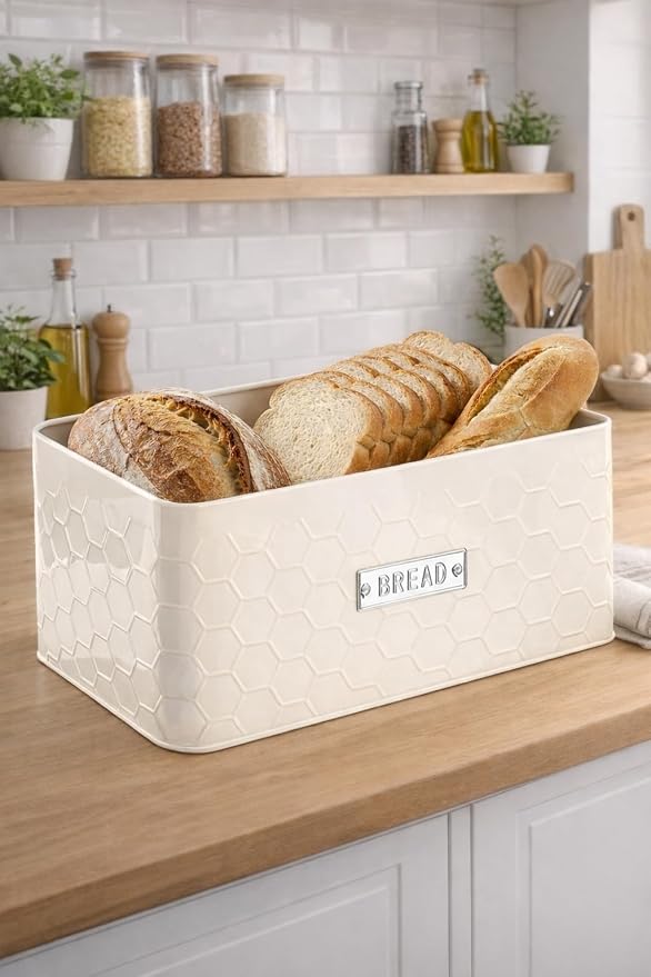 vensovo Bread Box for Countertop – Large Cream White Metal Bread Bin with Bamboo Cutting Board Lid, Farmhouse Bread Storage Container for Homemade Bread, Baked Goods & Kitchen Counter Organization