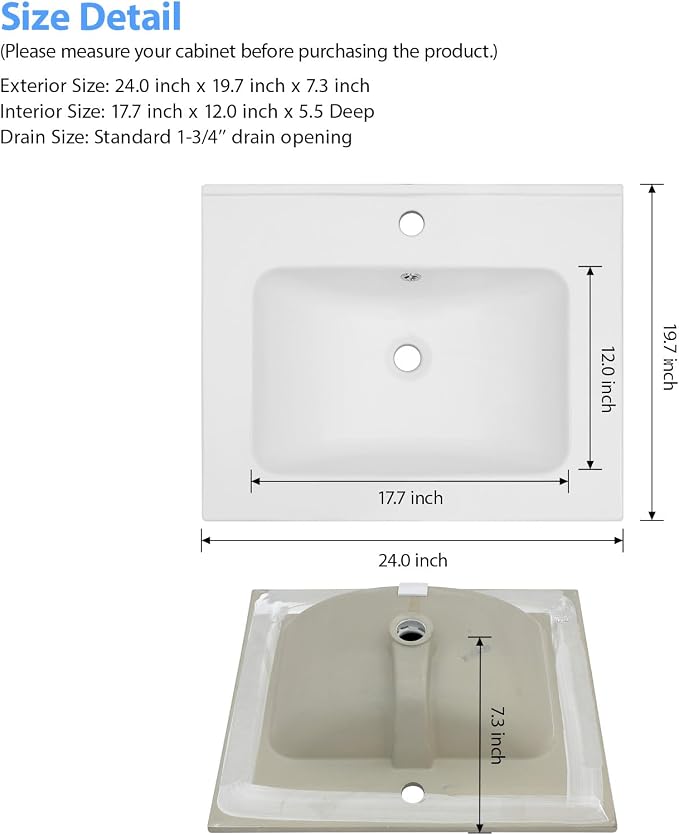 Lordear White Bathroom Sink One Hole Drop In 24 X 20 Inch One Holes Porcelain Ceramic Bathroom Vanity Top Sink Basin 24" Drop in Bathroom Sink