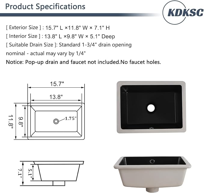 Small Undermount Bathroom Sink 16 Inch Matte Black Rectangular Porcelain Ceramic Vanity Basin with Overflow (15.7"x11.8") KDKSC