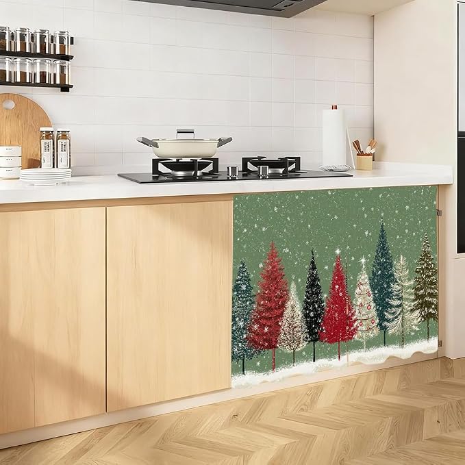 Winter Colorful Pine Trees Snowfall Scene Cabinet Curtain 39.37 x 27.56 Inch Polyester Decorative Cover for Kitchen Sink Cabinet Bathroom Vanity Laundry Area Table Window Door