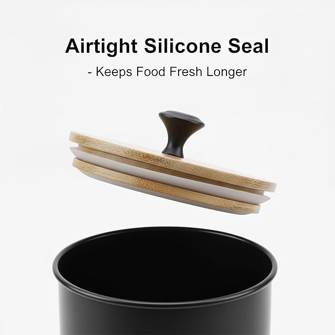 Canisters Sets for the Kitchen Set of 4 Kitchen Canisters for Countertop Airtight Black Flour and Sugar Containers with Bamboo Lids Labels and Marker for Pantry and Coffee Bar Decor