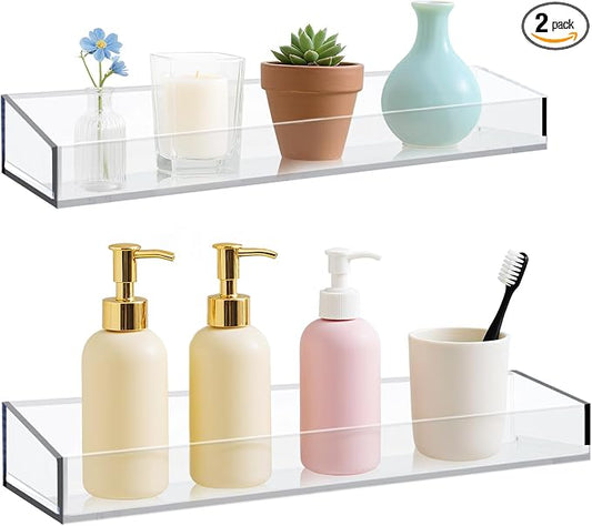 Acrylic Bathroom Shelves Set of 2,15" Thick Wall Mounted Floating Shelves -Transparent Shower Organizer Storage and Display Shelving Clear Adhesive Wall Rack for Bedroom,Kitchen,Ofiice,Living Room