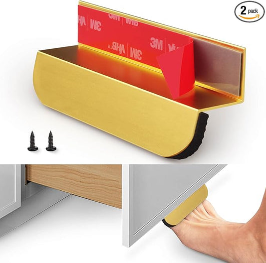 RVPEKUPE 2-Pack Under Cabinet Foot Pull with Adhesive and Screws, Hands Free Toe Foot Pull Opener for Kitchen Trash Cabinet Drawer, 4 Inch (Gold)