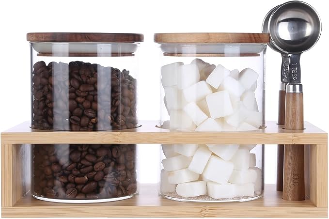 KKC Airtight Loose Leaf Tea Canister Set with 2 Spoons - 25 fl oz Glass Tea Storage Jars with Bamboo Lid and Rack, Elegant Countertop Tea Station Organizer for Matcha, Chai & Herbal Tea