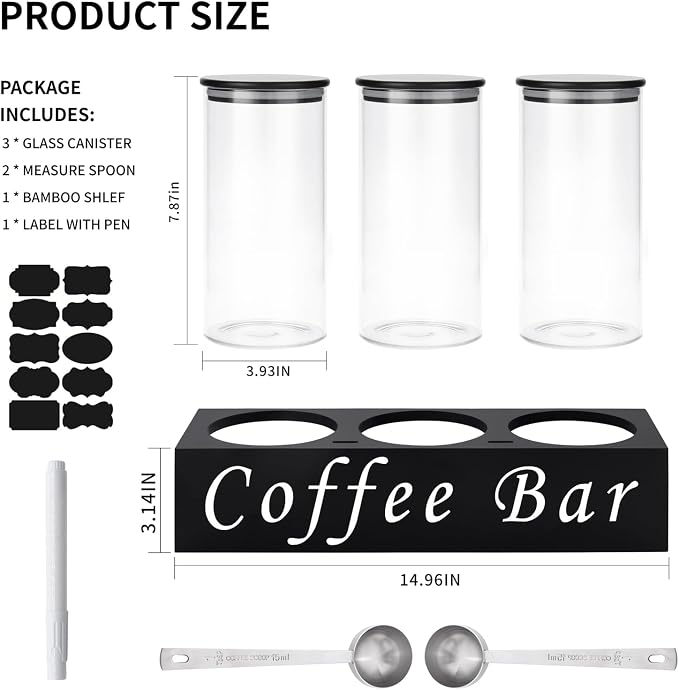 ZOMUIA Glass Coffee Containers Airtight Coffee Bean Storage Jars with Shelf, 3Pcs 44oz Coffee Station Organizer Coffee Canisters, Kitchen Food Storage Jars for Sugar, Candy, Oats, Nuts (BLACK)