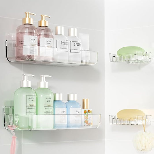 Sotfamily Clear Shower Caddies with Soap Dish & Adhesive Pads, 2 Packs | Acrylic Wall Mounted Shower Shelves for Bathroom Organizers and Storage, No Drill for Bathroom Decor