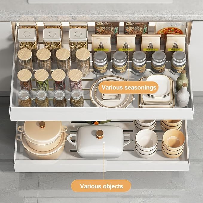2 Pack No-Drill Pull Out Cabinet Organizer, Roll Out Sliding Storage Shelf, Slide-Out Base Cabinet Organizer for Kitchen Organization