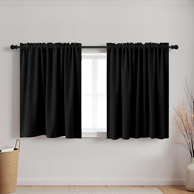 KOUFALL Black Kitchen Curtains 24x36 Inch Length Set of 2 Pack Rod Pocket Short Curtains for Small Bathroom