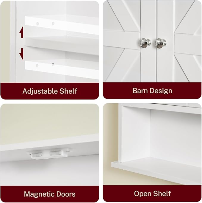 TEENFON Bathroom Wall Cabinet, Bathroom Cabinet with Barn Doors & Adjustable Shelf, Over The Toilet Storage Cabinet, Medicine Cabinet, White UNGGX001WV1