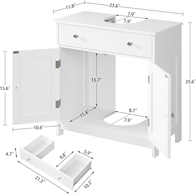 TEENFON Pedestal Sink Storage Cabinet with 2 Doors and Drawer, Bathroom Sink Cabinet, Under Sink Storage with U-Shape Cut-Out, White