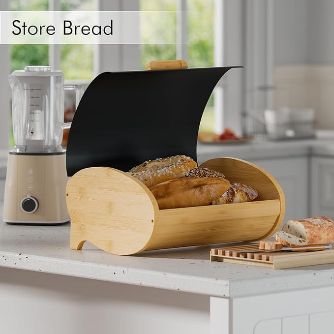 Modern Bread Box for Kitchen Countertop, Bamboo Storage Container with Stainless Steel Lid, Bread Storage Bin for Homemade Bread, Counter Organizer for Snack Tea Coffee Sugar (Black Large)