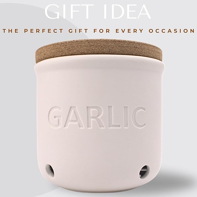 Okavango Garlic Keeper - White Ceramic Container with cork lid - Garlic Storage - Garlic Holder Countertop - Garlic Jar -Saver - Bowl - Garlic Cellar (White, 16oz)