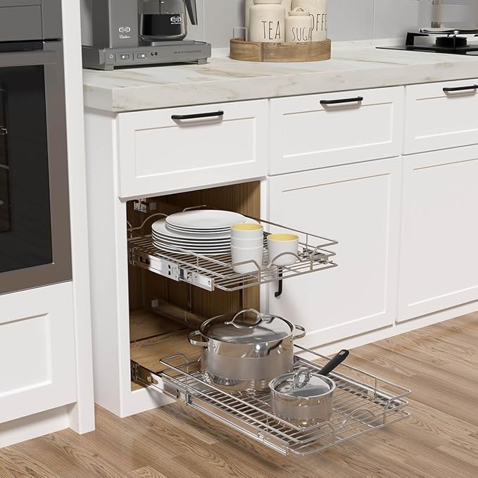 OCG 2 Tier Pull Out Cabinet Organizer (18.5" W x 18" D), Pull Out Drawers for Kitchen Cabinets, Pull Out Shelves for Base Cabinet Organization in Kitchen Bathroom Pantry, Chrome Finish