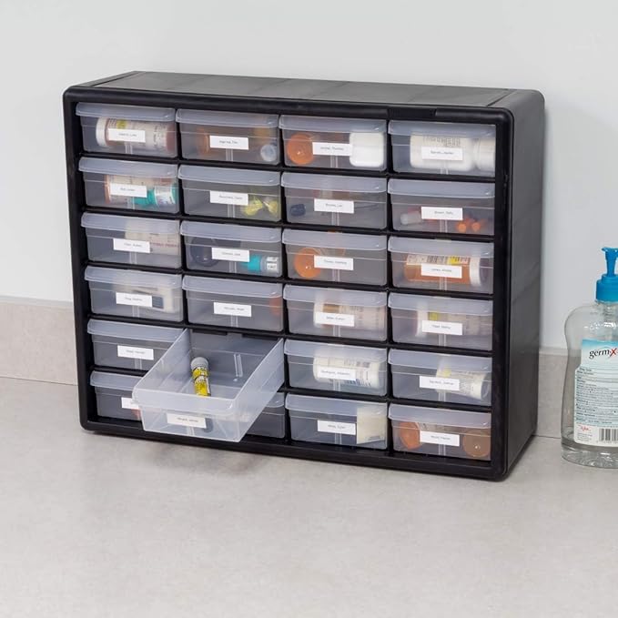 Akro-Mils 24-Drawer Plastic Drawer Storage Cabinet for Garage Organization, Bead Organizer, Building Bricks Storage, Teacher Toolbox, Makeup Organizer, 20" W x 6" D x 16" H, 10124 Black