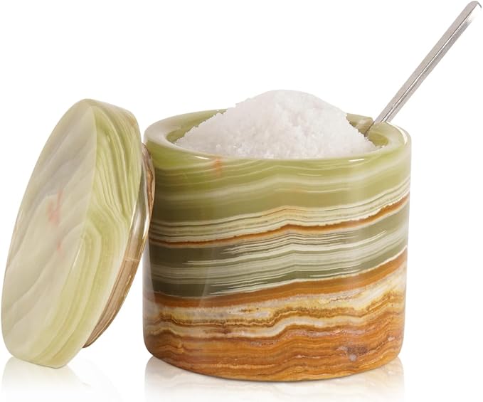 Marble Salt Cellar Green Onyx 3 Inch Handmade Stone Salt Containers for Countertop, 5.2 oz Sugar Jar with Lid and Spoon, Salt Bowl, Marble Salt Holder to Store Table & Flaky Salt