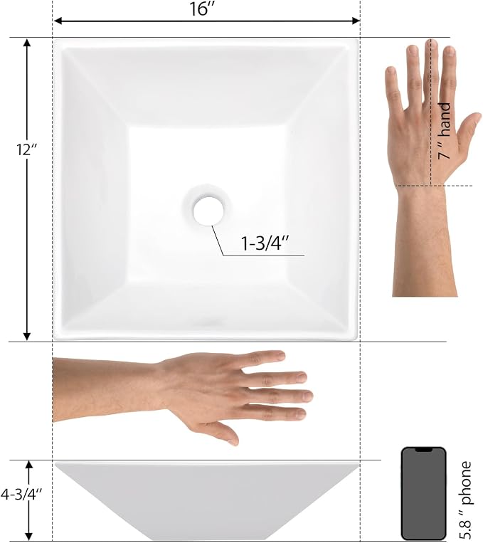 Mocoloo White Vessel Sink 16 x 16 Inch Square Ceramic Bathroom Sinks Above Counter Porcelain Vanity Top Sinks Square Countertop Modern Bathroom Sink 16 Inch Single Art Basin