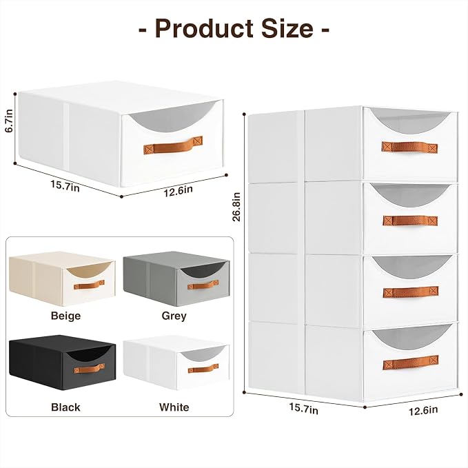 Homsorout Closet Organizers and Storage - Large Stackable Storage Bins with Drawer, Fabric Bins for Organization, Collapsible Storage Drawers Organizer for Bedroom, Living Room, 4 Pack, White